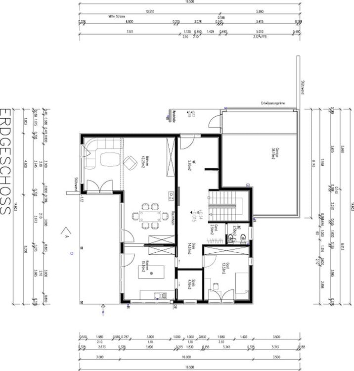 Der Grundriss des EGs des modernen Holzhauses mit mineralischem Außenputz und Flachdach