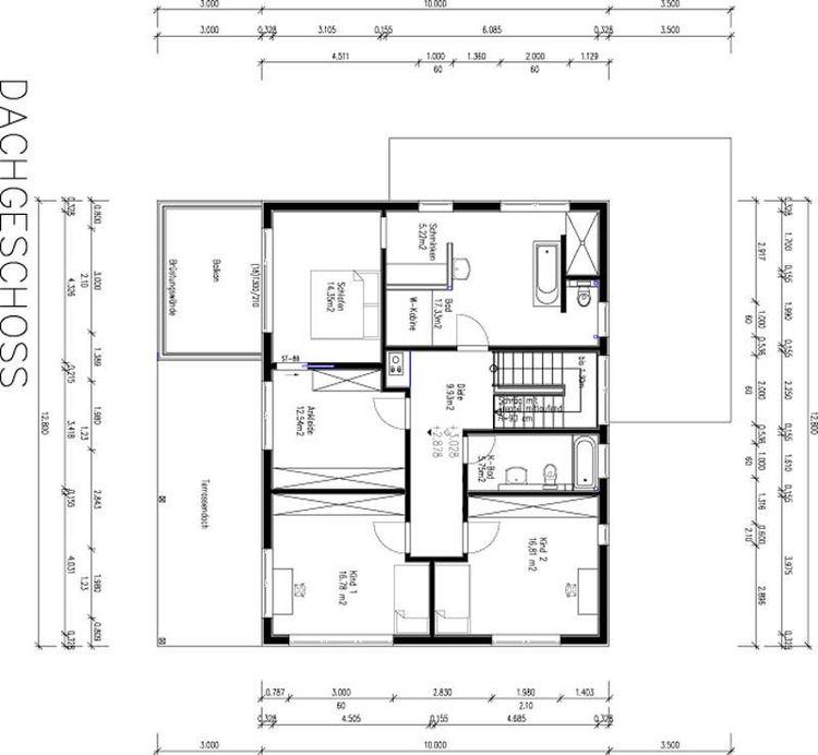 Der Grundriss des OGs des modernen Holzhauses mit mineralischem Außenputz und Flachdach