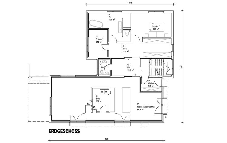 Der Grundriss des EGs des modernen Holzhauses im Bauhausstil mit drei Gebäudetrakten, zwei davon mit mineralischem Außenputz und Flachdach, einer mit Holzfassade aus Fichtenholzbohlen und Pultdach