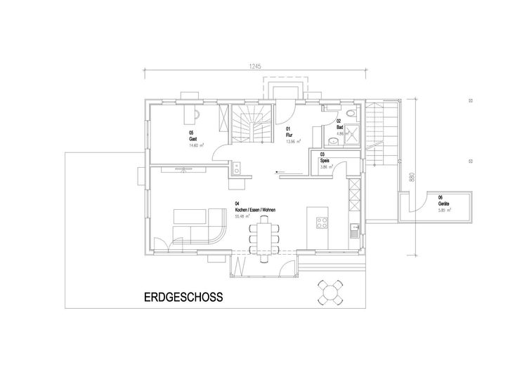 Der Grundriss des EGs des modernen Holzhauses im Landhausstil mit durchgängiger Lärchenholzfassade und Holz-Alu-Fenstern