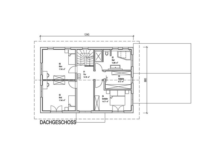 Der Grundriss des OGs des modernen Holzhauses im Landhausstil mit durchgängiger Lärchenholzfassade und Holz-Alu-Fenstern