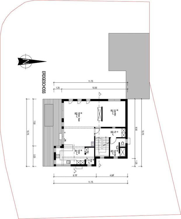 Der Grundriss des EGs des modernen Holzhauses mit mineralischem Außenputz und steilem Satteldach