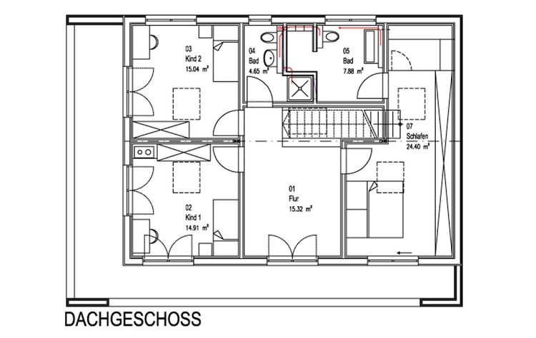 Der Grundriss des OGs des modernen Holzhauses mit Holzverschindelung aus Tannenholz und geschützem Balkon- und Terrassenbereich