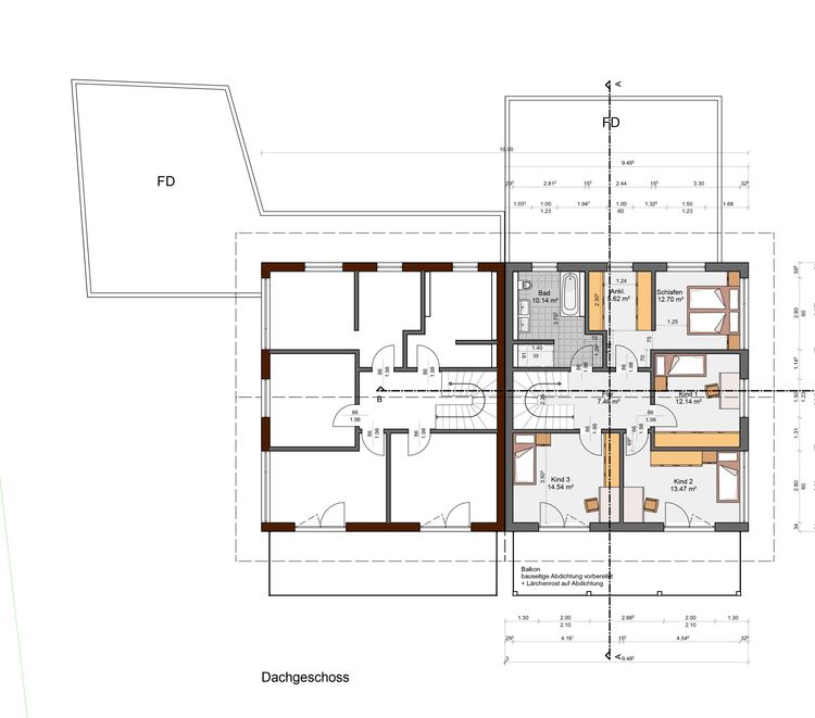 Der Grundriss des OGs des modernen Doppelhauses aus Holz mit Mischfassade aus mineralischem Außenputz und Holz