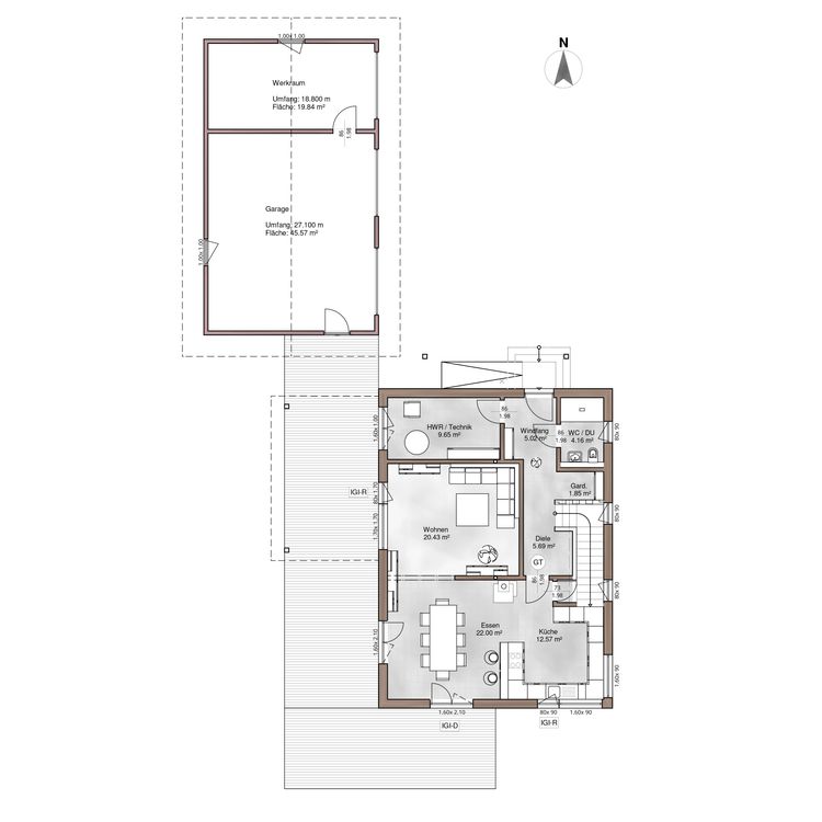 Der Grundriss des EGs des modernen Holzhauses im Landhausstil mit durchgängiger Lärchenholzfassade und großer Terrasse