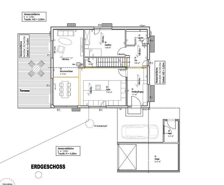 Der Grundriss des EGs des modernen Holzhauses im Landhausstil mit Mischfassade aus Holz und mineralischem Außenputz und vielen Glaselementen