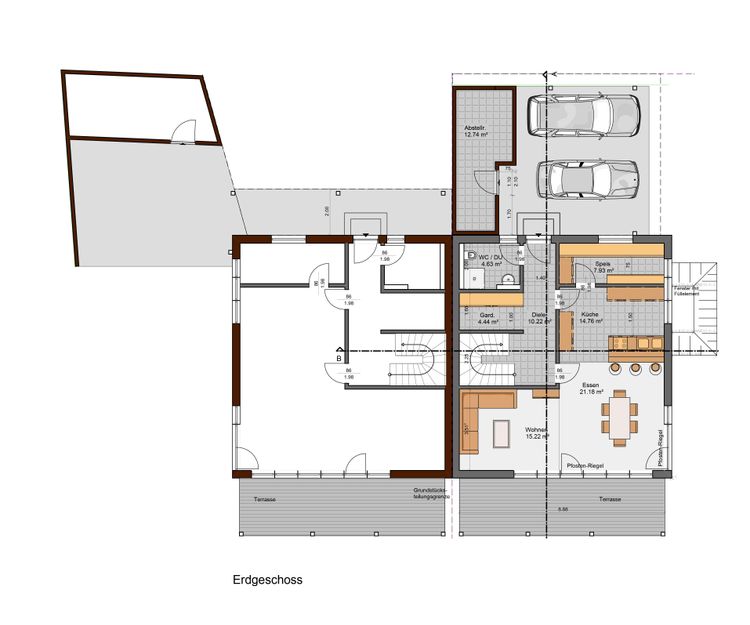 Der Grundriss des EGs des modernen Doppelhauses aus Holz mit Mischfassade aus mineralischem Außenputz und Holz
