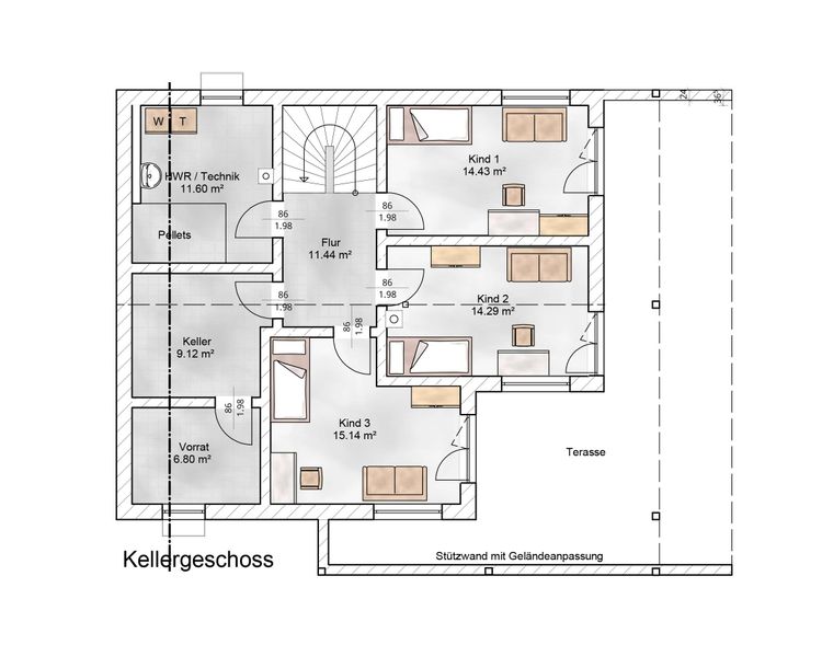 Der Grundriss des Kellers des modernen Holzhauses im Landhausstil mit Holzfassade, Holz-Alu-Fenstern und großzügigen Balkonen