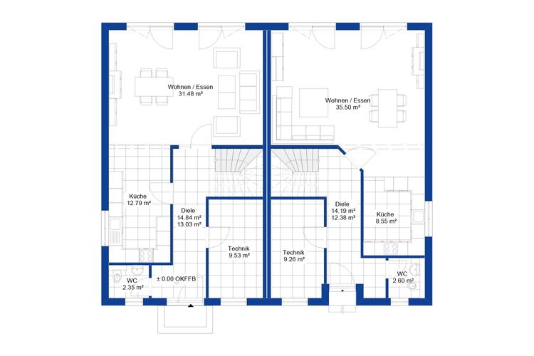 NORDHAUS | Grundriss Erdgeschoss Doppelhaus DH 187 | Hausbau made im Bergischen