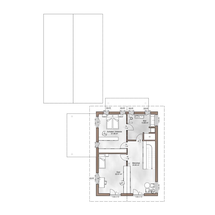 Der Grundriss des OGs des modernen Holzhauses im Landhausstil mit durchgängiger Lärchenholzfassade und großer Terrasse