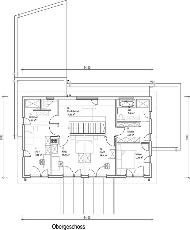 Der Grundriss des OGs des modernen Holzhauses im Landhausstil mit Holzfassade aus Lärchenholzbohlen und Doppelcarport