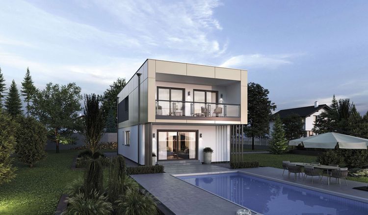 Modernes Architektenhaus mit Balkon, Terrasse und Pool