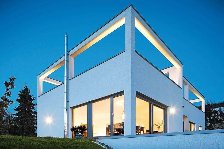 Modernes Kubushaus mit Dachterrasse und bodentiefen Fenstern