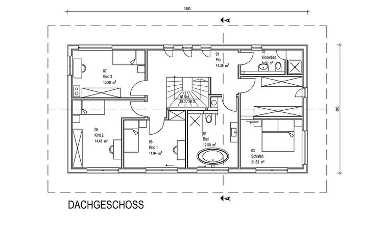 Der Grundriss des OGs des modernen Holzhauses im Landhausstil mit durchgängiger Holzfassade