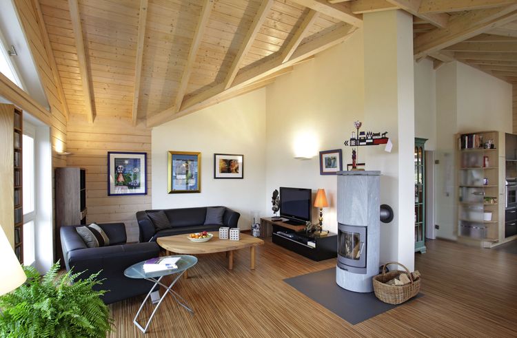 Gemütliches Wohnzimmer mit Holzparkett und Kaminofen