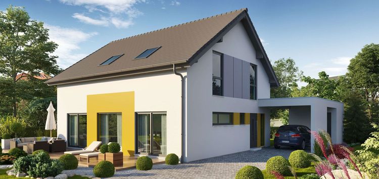 Modernes Einfamilienhaus von Büdenbender Hausbau mit Satteldach und Terrasse