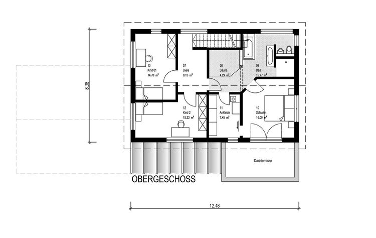 Der Grundriss des OGs des modernen Holzhauses im Landhausstil mit Mischfassade aus Fichtenholz und mineralischem Außenputz