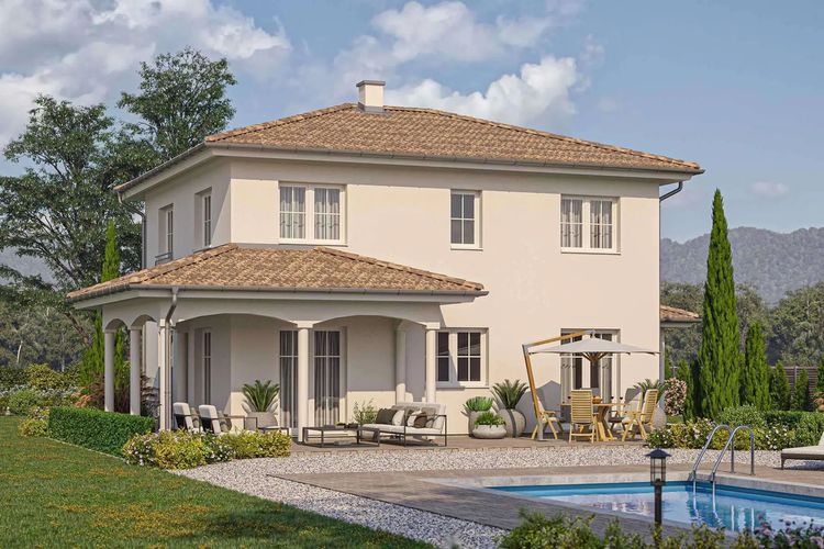 Moderne Villa von Haas Haus im mediterranen Stil mit überdachter Terrasse und Pool