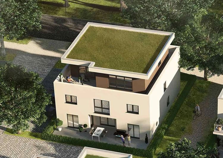 Modernes Mehrfamilienhaus mit Flachdach, Dachbegrünung und umlaufender Dachterrasse