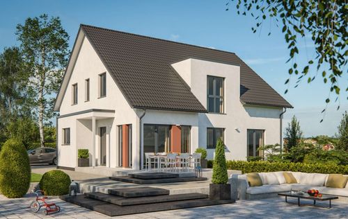Einfamilienhaus mit Einliegerwohnung von RENSCH-HAUS. CLOU 202. Terrassenansicht.