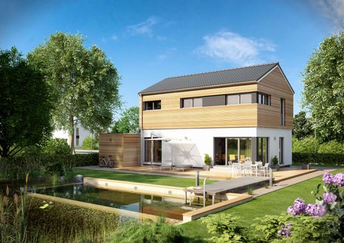 NORDHAUS - Modernes Einfamilienhaus mit Satteldach und Teilfassade aus hellem Holz | Einfamilienhaus EFH K-129 | Hausbau made im Bergischen