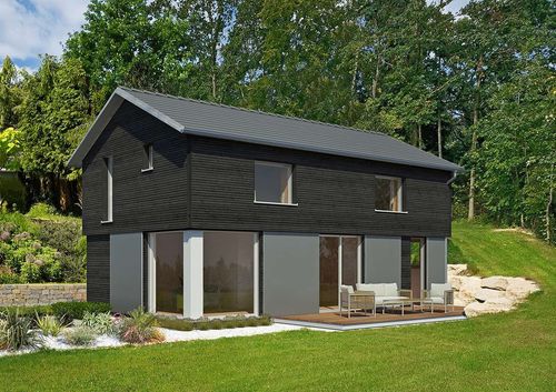 Modernes Einfamilienhaus mit Satteldach und dunkler Fassade